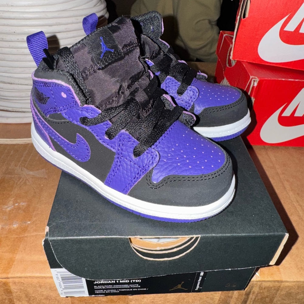 Jordan 1 Mid TD Black and Purple Sneakers - Size 6C